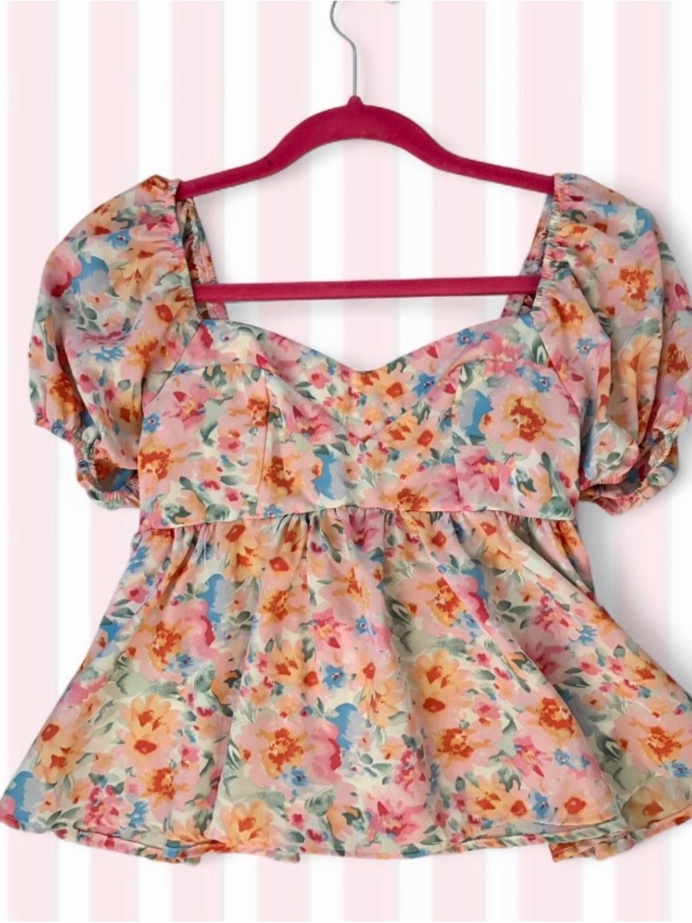 SHEIN Pastel Floral Puff-Sleeve Peplum Top - Pink, Blue, Yellow